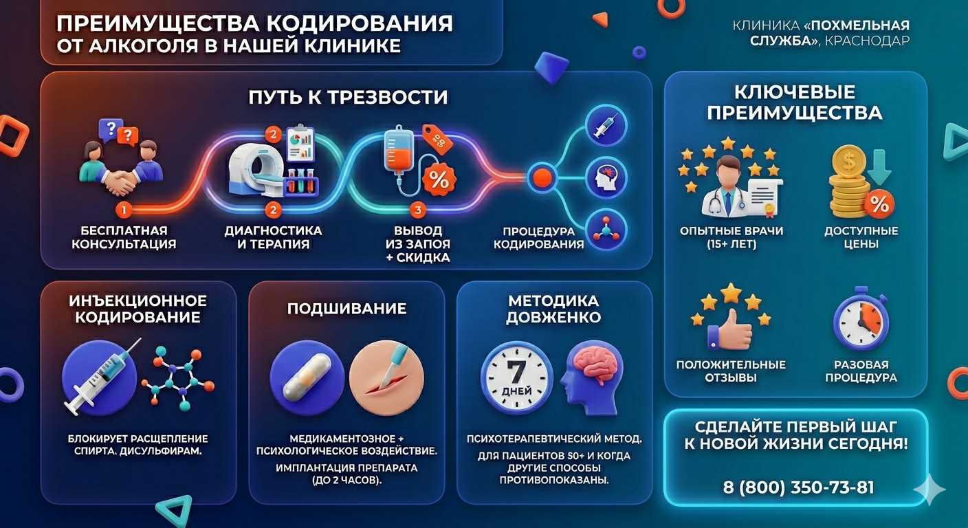 Инфографика о методах кодирования от алкоголя в Коломне: инъекции, подшивание, метод Довженко. Преимущества клиники и этапы лечения.
